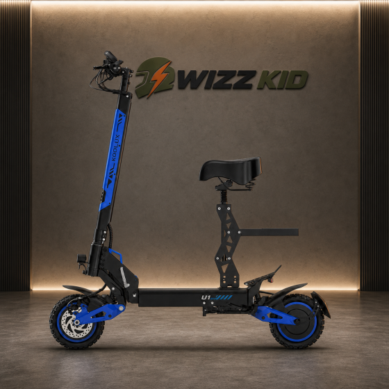Blue and black KOOLUX U1 Pro dual-motor seated electric scooter in the Wizzkid studio